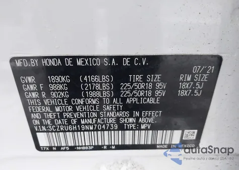 2022 Honda Hr-V Awd Sport из США, поврежденный, VIN 3CZRU6H19NM704739